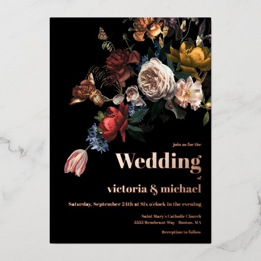 Rembrandt Dark en Moody Floral Folie Invitation Folie Uitnodiging (Voorkant)