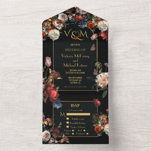 Rembrandt Dark & Moody Bloemen Bruiloft Initialen All In One Uitnodiging (Binnen)