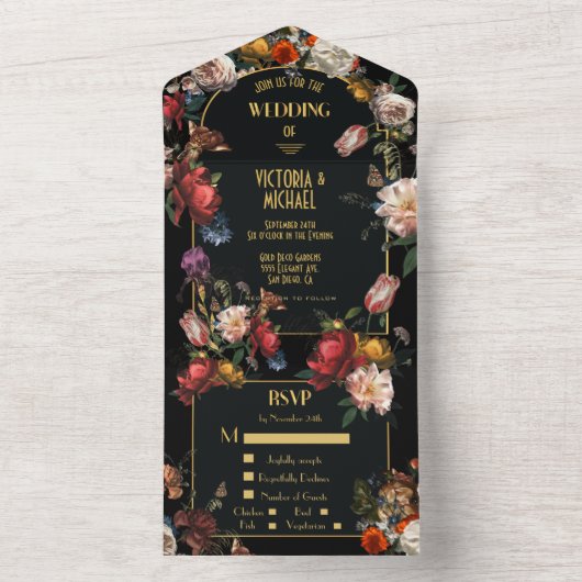 Rembrandt Donker & Moody Bloemen Bruiloft All In One Uitnodiging (Binnen)