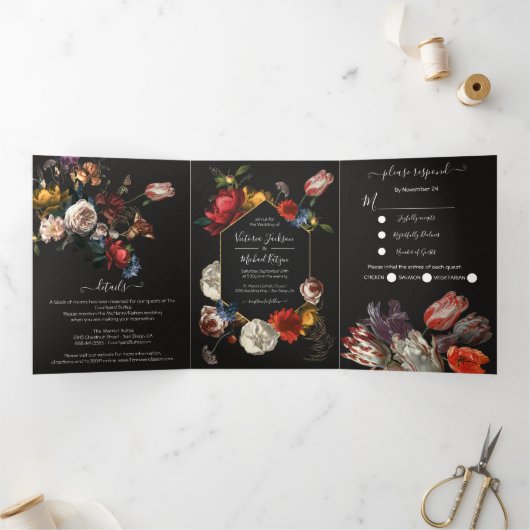 Rembrandt Floral Dark & Moody Wedding Drieluik Uitnodiging (Binnen)