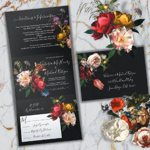 Rembrandt Floral Dark & Moody Wedding Drieluik Uitnodiging