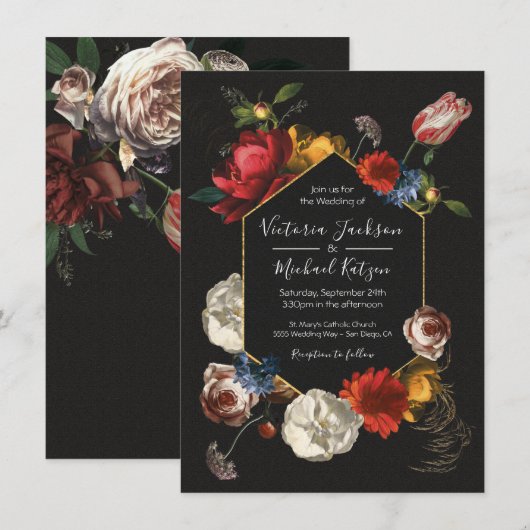 Rembrandt Floral Dark & Moody Wedding Invitation Kaart (Voorkant / Achterkant)