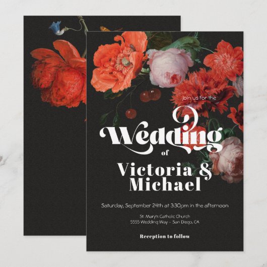 Rembrandt Floral Dark & Moody Wedding Invitation Kaart (Voorkant / Achterkant)