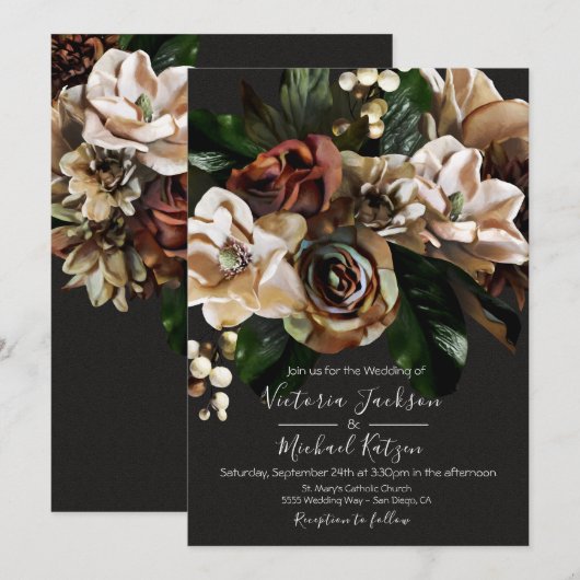 Rembrandt Floral Dark & Moody Wedding Invitation Kaart (Voorkant / Achterkant)