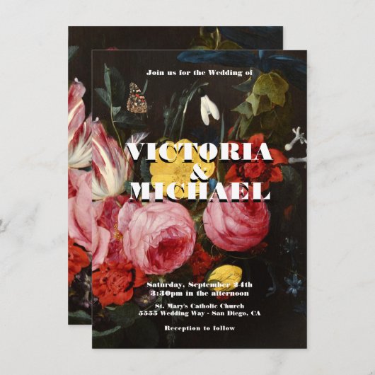 Rembrandt Floral Dark & Moody Wedding Invitation Kaart (Voorkant / Achterkant)