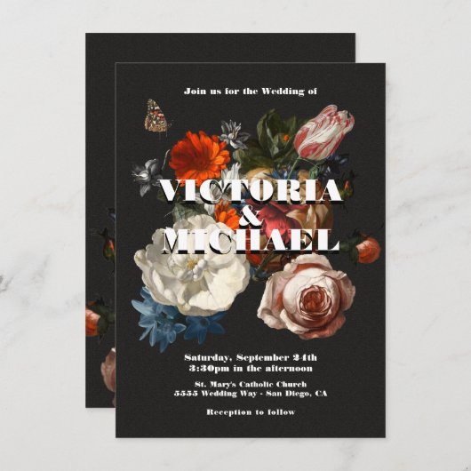 Rembrandt Floral Dark & Moody Wedding Invitation Kaart (Voorkant / Achterkant)