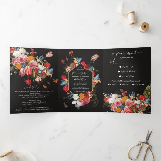 Rembrandt Floral Dark & Moody Wedding Kessel Drieluik Uitnodiging (Binnen)