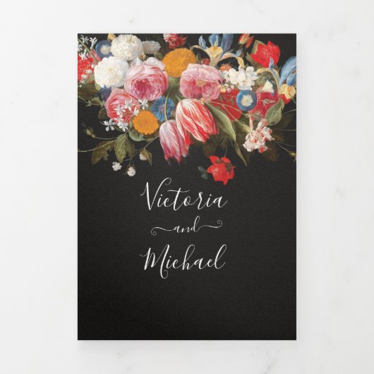 Rembrandt Floral Dark & Moody Wedding Kessel Drieluik Uitnodiging (Cover)