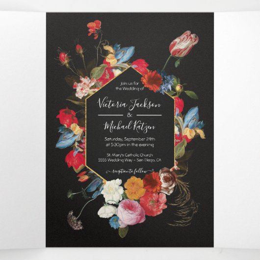 Rembrandt Floral Dark & Moody Wedding Kessel Drieluik Uitnodiging (Binnenkant midden)