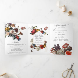 Rembrandt Floral Photo Wedding Tri-Fold Uitnodigin Drieluik Uitnodiging