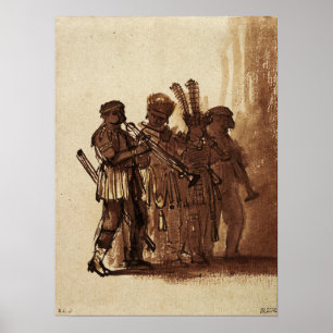 Rembrandt - vier muzikanten met windinstrumenten poster