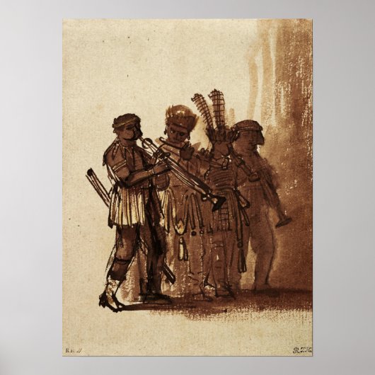 Rembrandt - vier muzikanten met windinstrumenten poster (Voorkant)