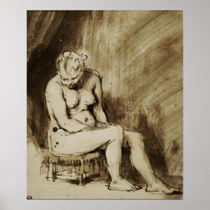 Rembrandt - Vrouw zittend op kruk Poster
