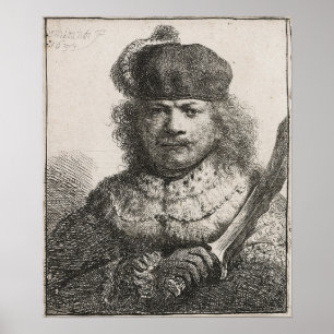 Rembrandt - Zelfportret met opgeheven sabel 1634 Poster