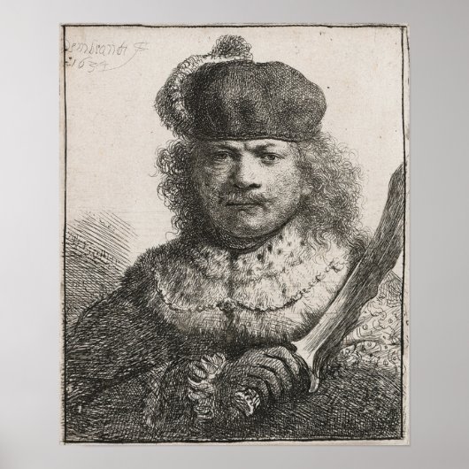 Rembrandt - zelfportret met verhoogde Saber 1634 Poster (Voorkant)