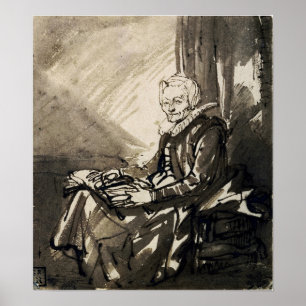 Rembrandt - Zittende vrouw met open boek op haar s Poster