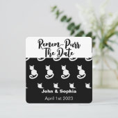 Remem-Purr Grappige Moderne Zwarte en Witte Kat QR Save The Date (Staand voorkant)