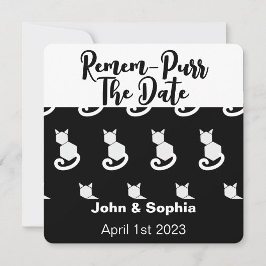 Remem-Purr Grappige Moderne Zwarte en Witte Kat QR Save The Date (Voorkant)