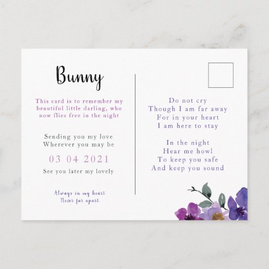 Remembrance Pet hield van een bloem Aankondigingskaart (Achterkant)