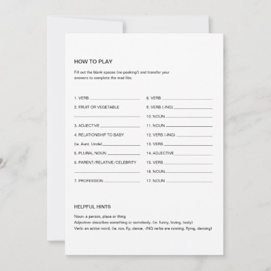 REMY Baby shower Libs Fill in de Blank Game 5x7 Kaart (Achterkant)