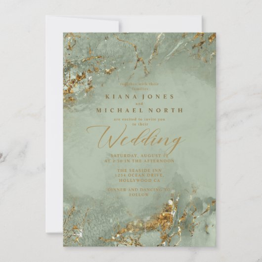 Remy ID644 Marmeren Glitter Bruiloft Sage Groen Kaart (Voorkant)