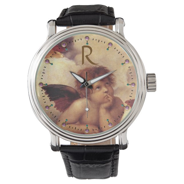 RENAISSANCE ANGEL / Gevleugeld Cherub Monogram Horloge (Voorkant)