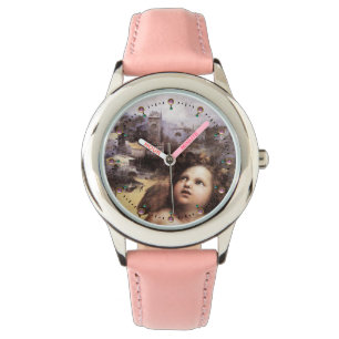 RENAISSANCE ANGEL MET LANDSCHAP, roze stenen Horloge