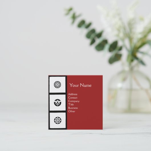 RENAISSANCE Black White Red Geometric Floral Vierkante Visitekaartje (Staand voorkant)