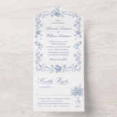 Renaissance  Bloemen Dusty Blue Wedding All In One Uitnodiging (Binnen)
