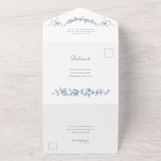 Renaissance  Bloemen Dusty Blue Wedding All In One Uitnodiging (Buitenkant)