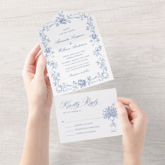 Renaissance  Bloemen Dusty Blue Wedding All In One Uitnodiging (Afscheurbaar)