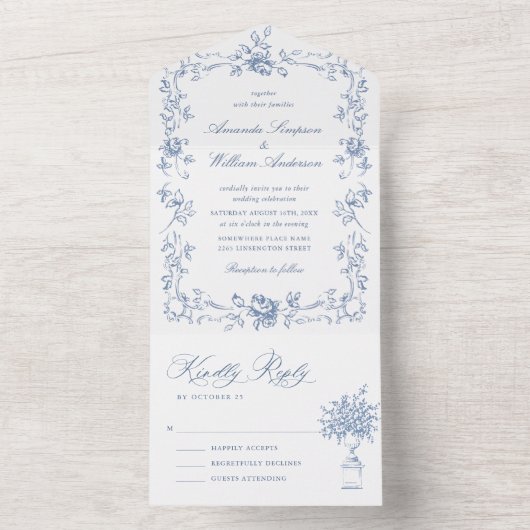 Renaissance  Bloemen Dusty Blue Wedding All In One Uitnodiging (Binnen)