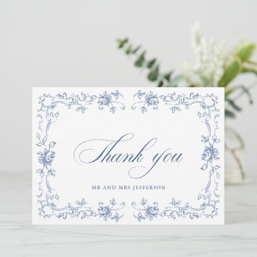 Renaissance Bloemen Dusty Blue Wedding Bedankkaart (Staand voorkant)