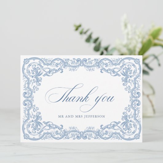 Renaissance  Bloemen Dusty Blue Wedding Bedankkaart (Staand voorkant)