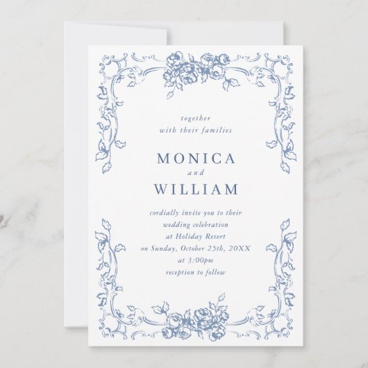 Renaissance  Bloemen Dusty Blue Wedding Kaart (Voorkant)