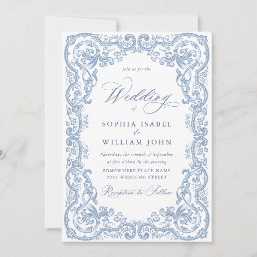 Renaissance  Bloemen Dusty Blue Wedding Kaart (Voorkant)