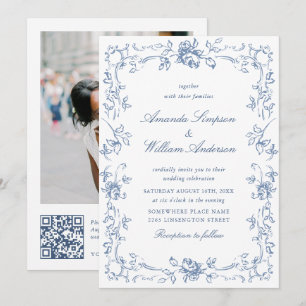 Renaissance  Bloemen Dusty Blue Wedding Kaart