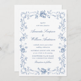Renaissance  Bloemen Dusty Blue Wedding Kaart