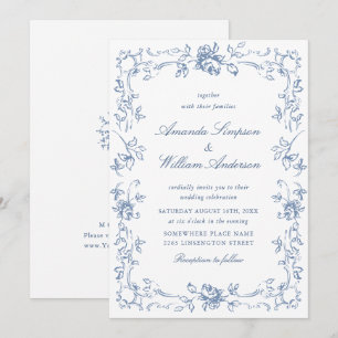 Renaissance Bloemen Dusty Blue Wedding Kaart