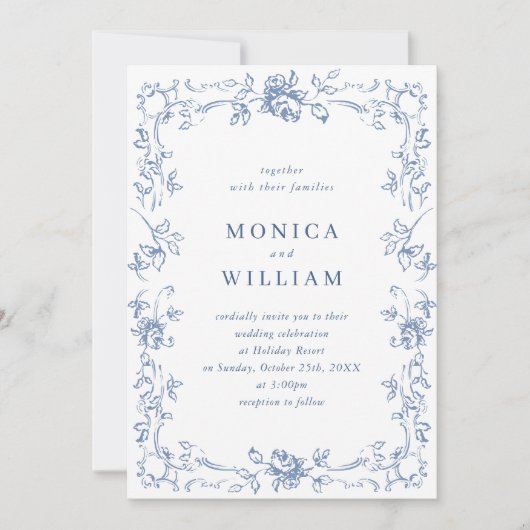 Renaissance Bloemen Dusty Blue Wedding Kaart (Voorkant)