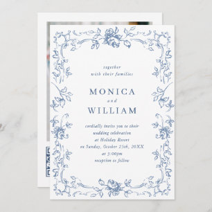 Renaissance  Bloemen Dusty Blue Wedding Kaart