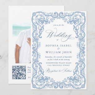 Renaissance  Bloemen Dusty Blue Wedding Kaart