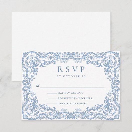 Renaissance  Bloemen Dusty Blue Wedding RSVP Kaartje (Voorkant / Achterkant)