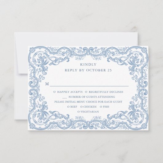 Renaissance  Bloemen Dusty Blue Wedding RSVP Kaartje (Voorkant)