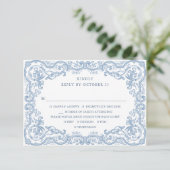 Renaissance  Bloemen Dusty Blue Wedding RSVP Kaartje (Staand voorkant)