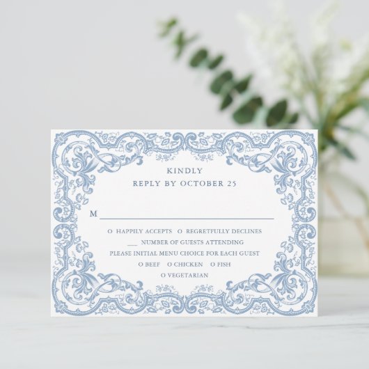 Renaissance Bloemen Dusty Blue Wedding RSVP Kaartje (Staand voorkant)