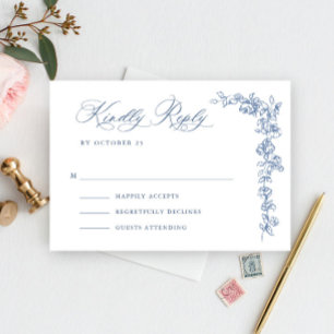 Renaissance Bloemen Dusty Blue Wedding RSVP Kaartje