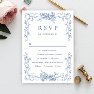 Renaissance  Bloemen Dusty Blue Wedding RSVP Kaartje