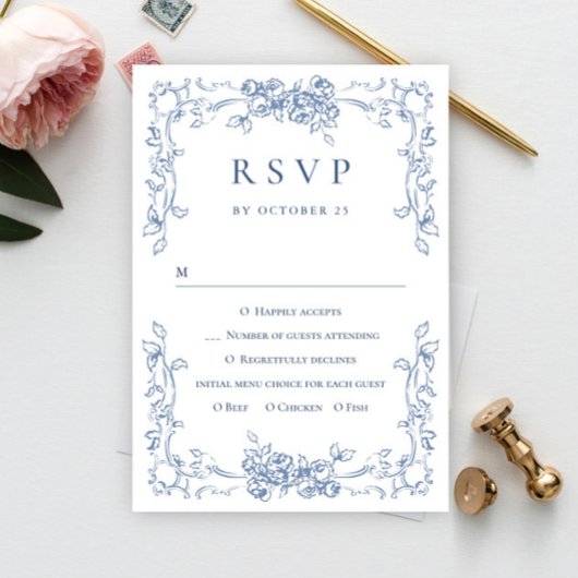 Renaissance  Bloemen Dusty Blue Wedding RSVP Kaartje