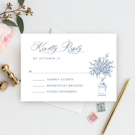 Renaissance Bloemen Dusty Blue Wedding RSVP Kaartje